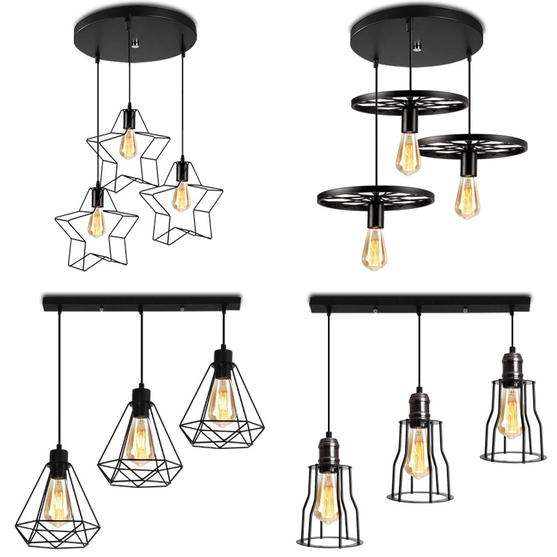 Iron Chandelier Modern Industrial Hanging Light Simple Fixtures 3 Heads Retro Geometric Metal Cage Pendant Pendant Light