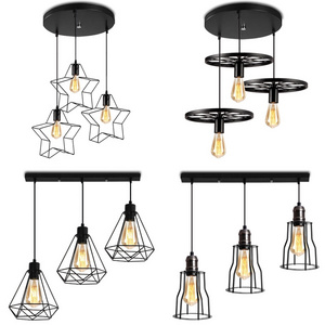 Iron Chandelier Modern Industrial Hanging Light Simple Fixtures 3 Heads Retro Geometric Metal Cage Pendant Pendant Light