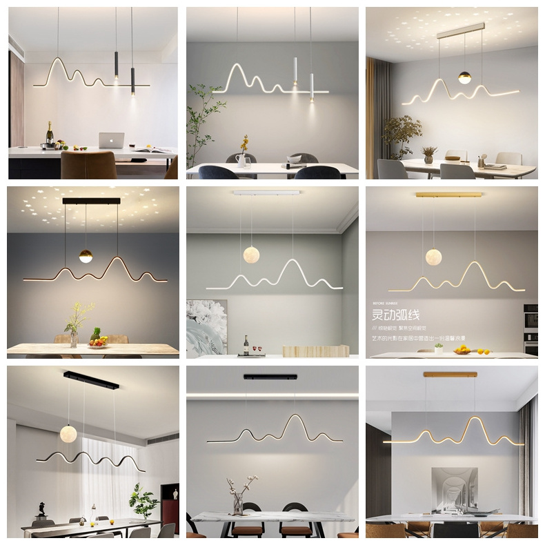 Nordic Minimalisty Style Geometric Curve strip Bar Dining Room hotel Led Pendant Lighting Fixtures with ball spotlight