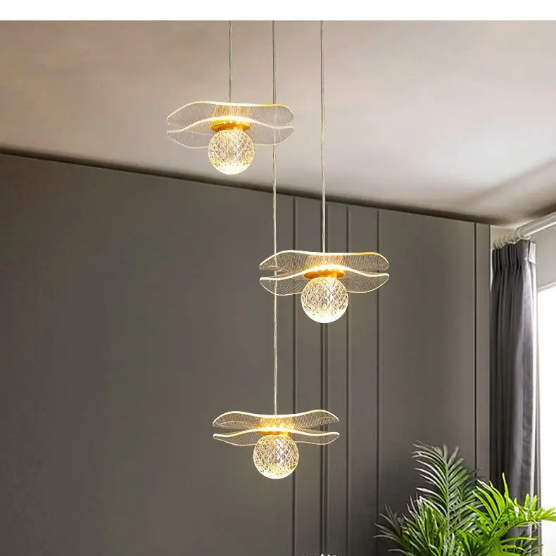 Design sense exquisite lotus leaf restaurant bar acrylic hanging lamp creative bright villa stairwell LED pendant light