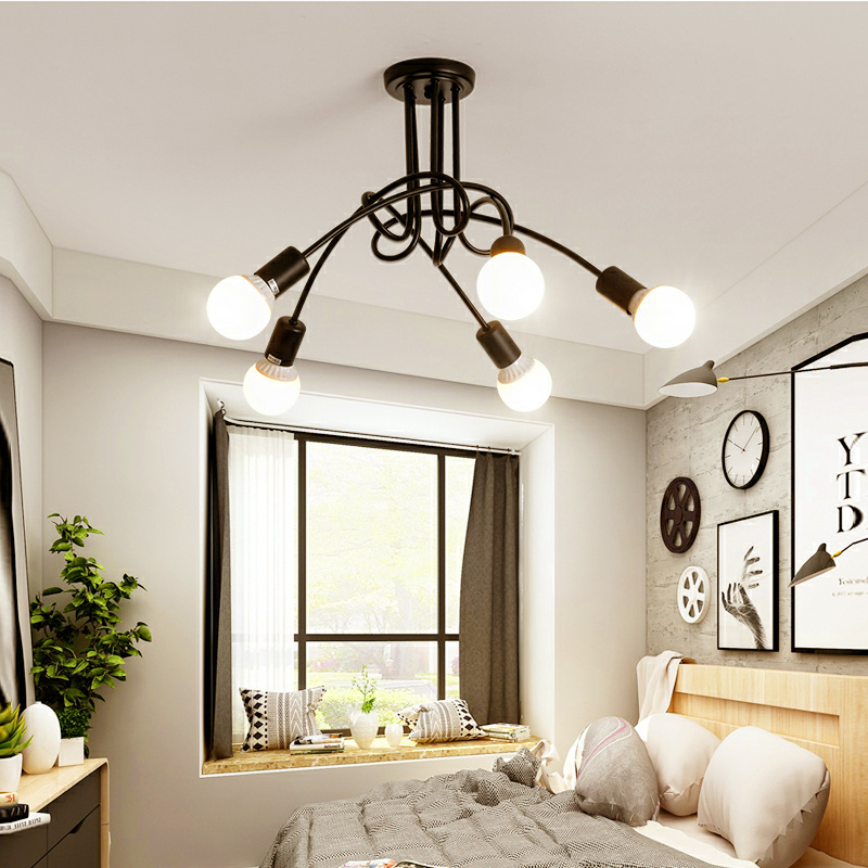 Bedroom Ceiling Chandelier Lamps Scandinavian Room Lights Study Lights Iron Black Metal Industrial E27 Chandelier