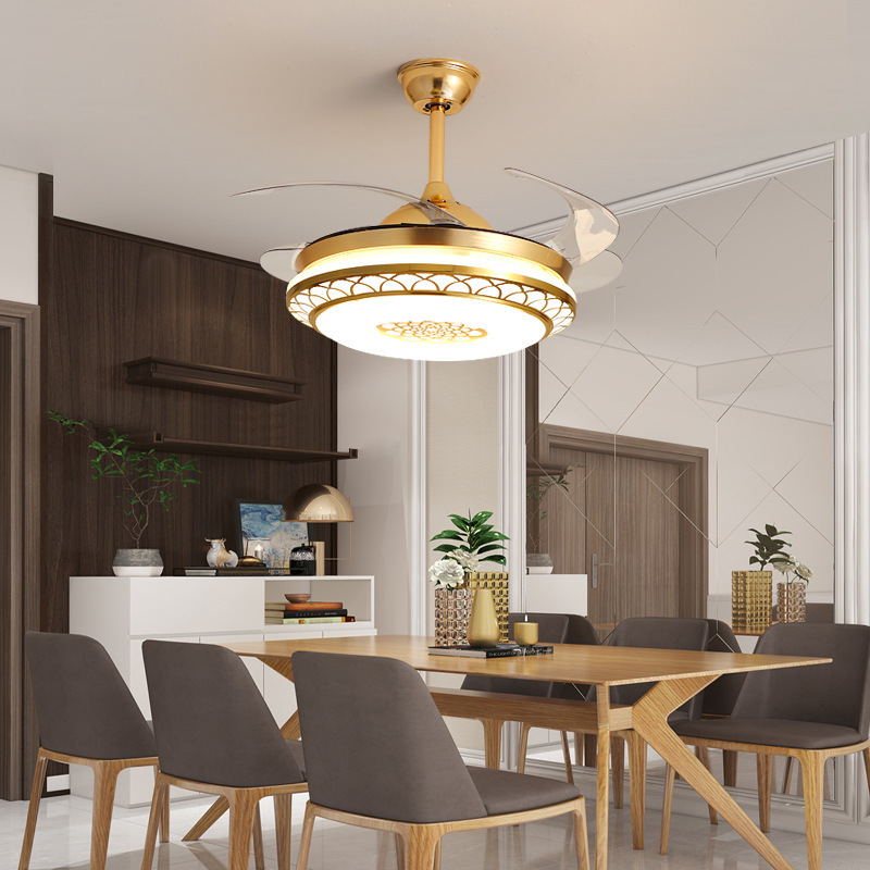 Classic beautiful golden flower wave pattern living room restaurant fan light 6 speeds adjustable indoor LED fan lamps