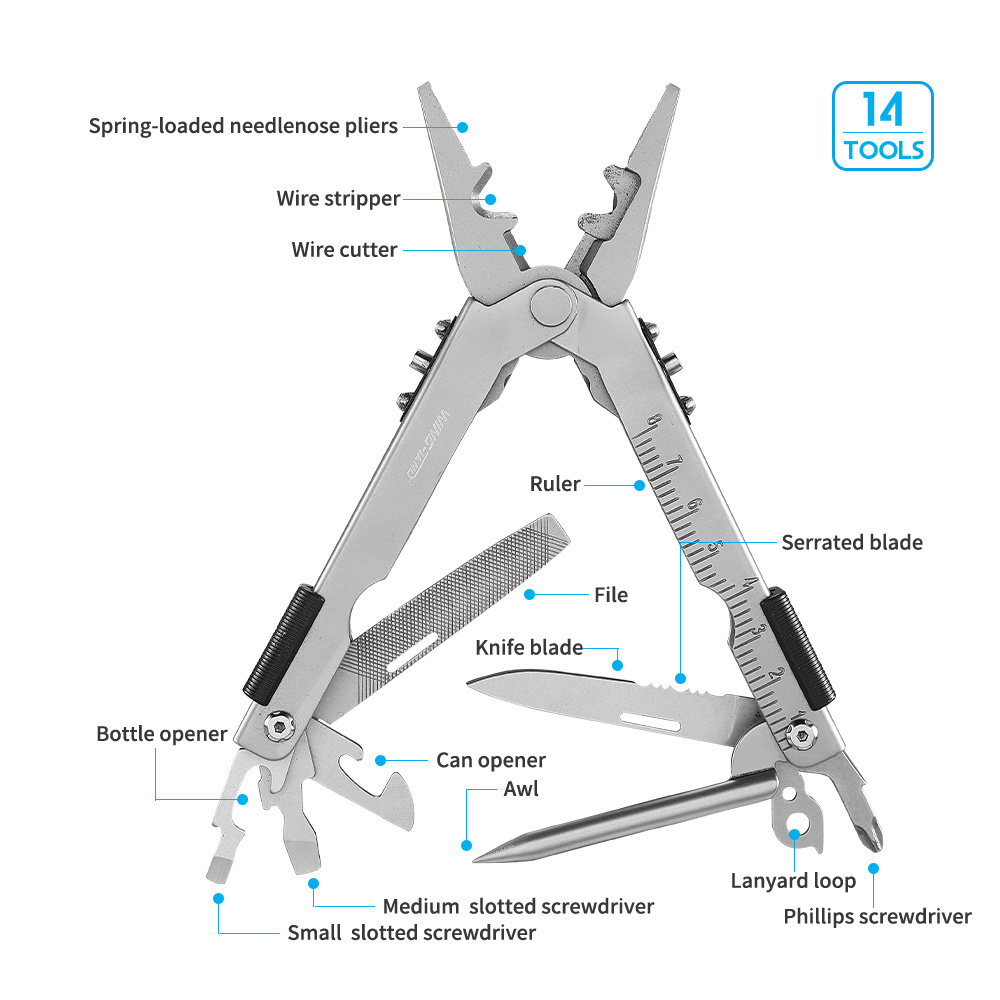 14in1 Stainless Steel Multitool Tactical Folding Pocket Pliers Screwdrivers Knife AWL Multi Tool