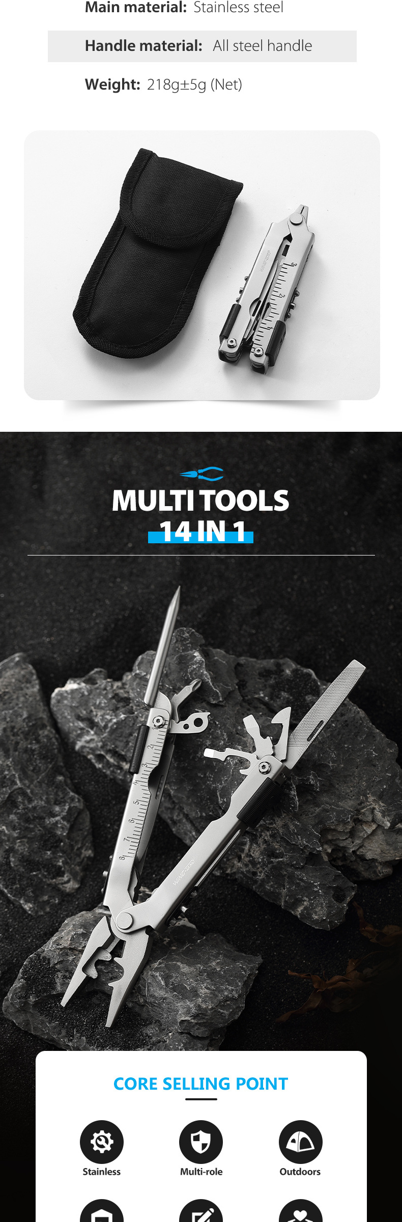 14in1 Stainless Steel Multitool Tactical Folding Pocket Pliers Screwdrivers Knife AWL Multi Tool