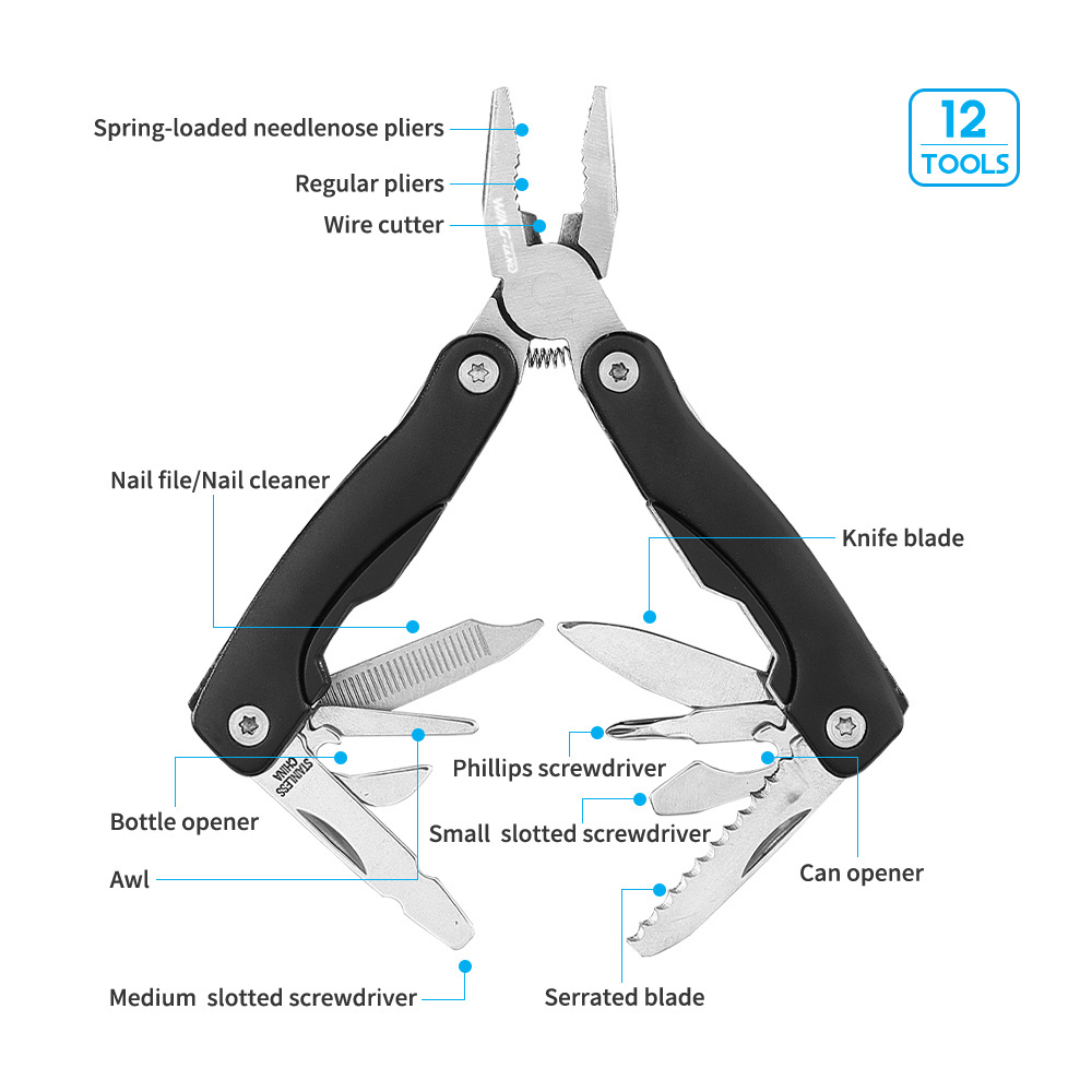 12in1 Folding Multifunction Pliers Stainless Steel Multi Tool Pocket Pliers Screwdrivers Knife Multitool