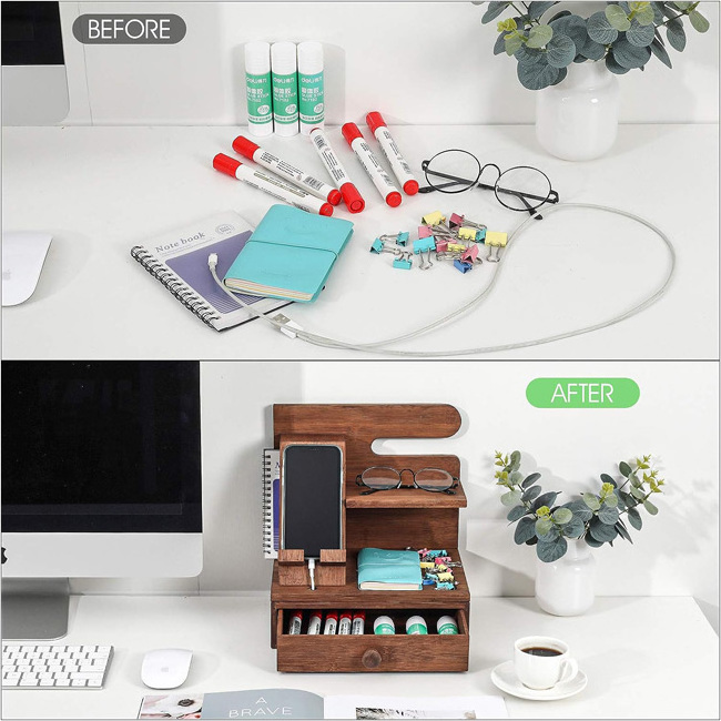 Office Multifunctional Phone Stand Holder Bamboo Small Desktop Organizer Storage Rack Shelf