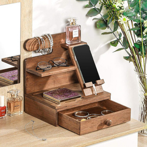 Office Multifunctional Phone Stand Holder Bamboo Small Desktop Organizer Storage Rack Shelf