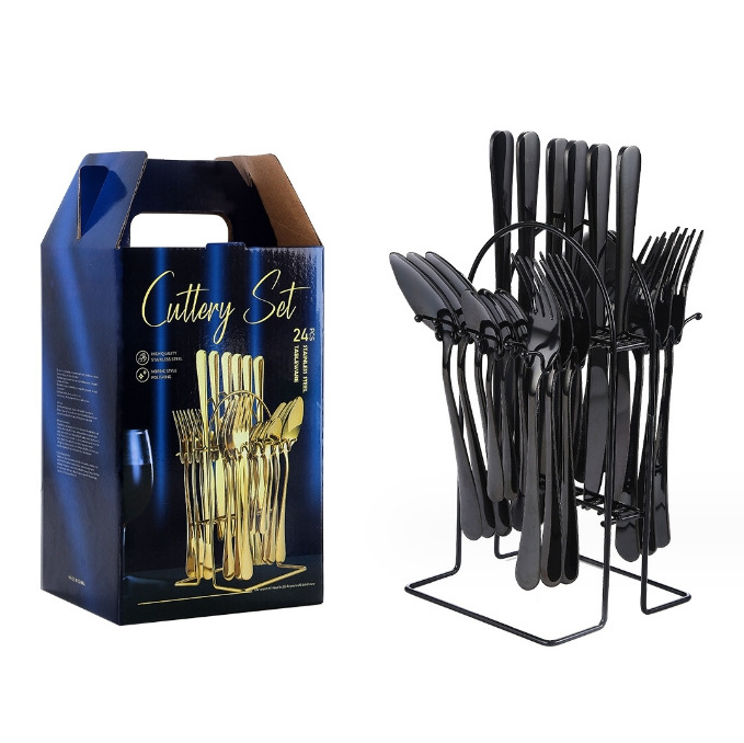 Wholesale Black Color Metal Stainless Steel Forks and Spoons Flatware Set with Hang Rack