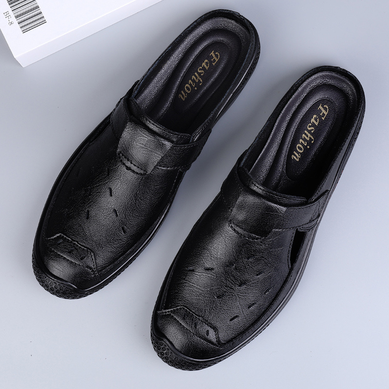 Casual Leather Shoes Lightweight Slip-on Sandals Men's Half Slippers High Quality Fashion PU GENUINE Leather Rubber 3 Colors