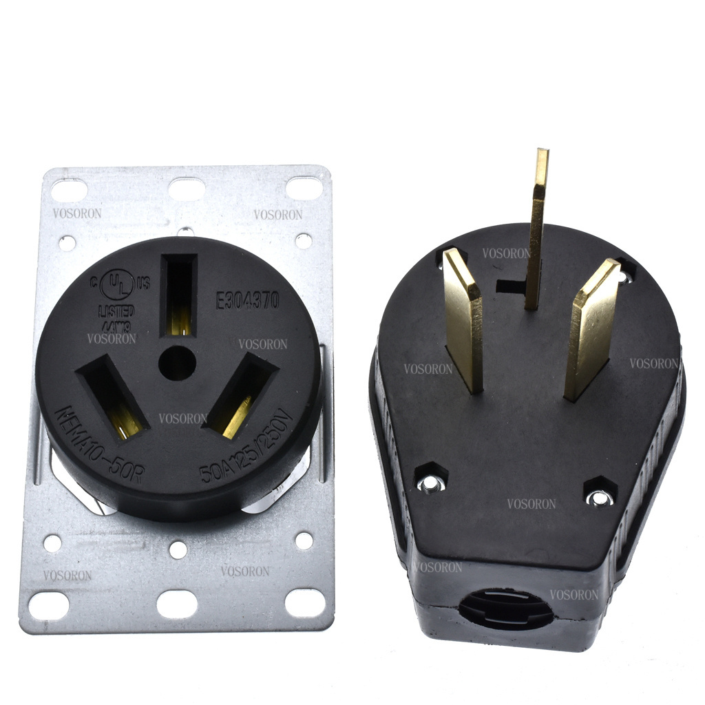 Black 50A 250V NEMA L10-50P L10-50R US Locked Receptacle Industrial Plug Panel Socket America 3Pole Wired Connector Plug