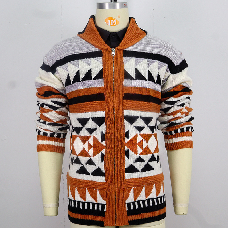 Western tribal style print knitted jacket ethnic lapel zip up cardigan Aztec jacquard stand collar zipper men sweater