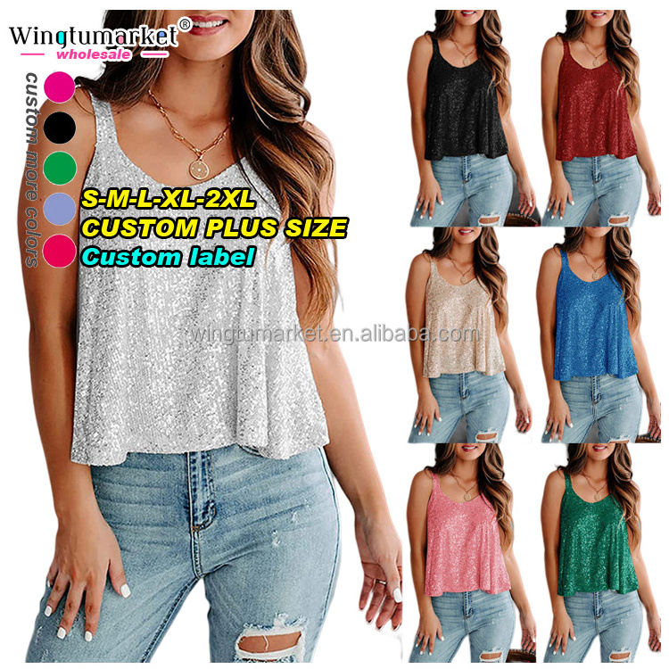 Wholesale casual cropped tank top club party camis glitter white crop polyester sequin tank tops for women