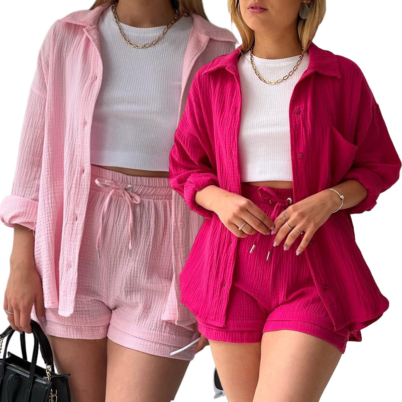 Wholesale Crepe loungewear 2 piece sets long sleeve shirts drawstring shorts outfits cotton two piece set women clothing