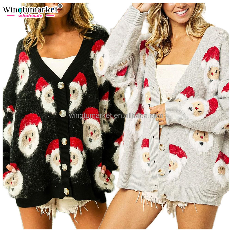 Winter christmas custom lounge wear long sleeve thermal fuzzy coat cotton acrylic cardigan embroidered knitted women sweaters