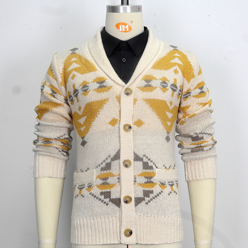 Wholesale winter sweaters cardigans single breasted aztec western knitted thick jacquard cardigan sweater for men