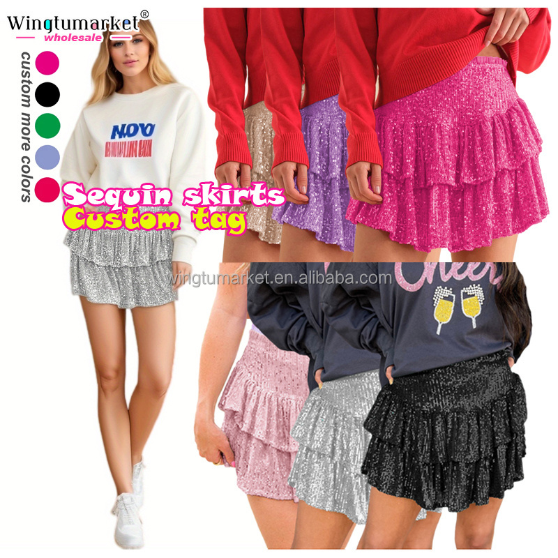 Wholesale summer mini skirt pleated short tennis stretchy smocked ruffle layers cricket skort sequin skirts for women