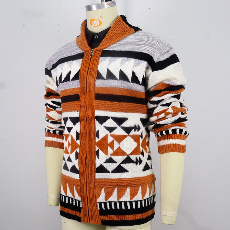 Western tribal style print knitted jacket ethnic lapel zip up cardigan Aztec jacquard stand collar zipper men sweater