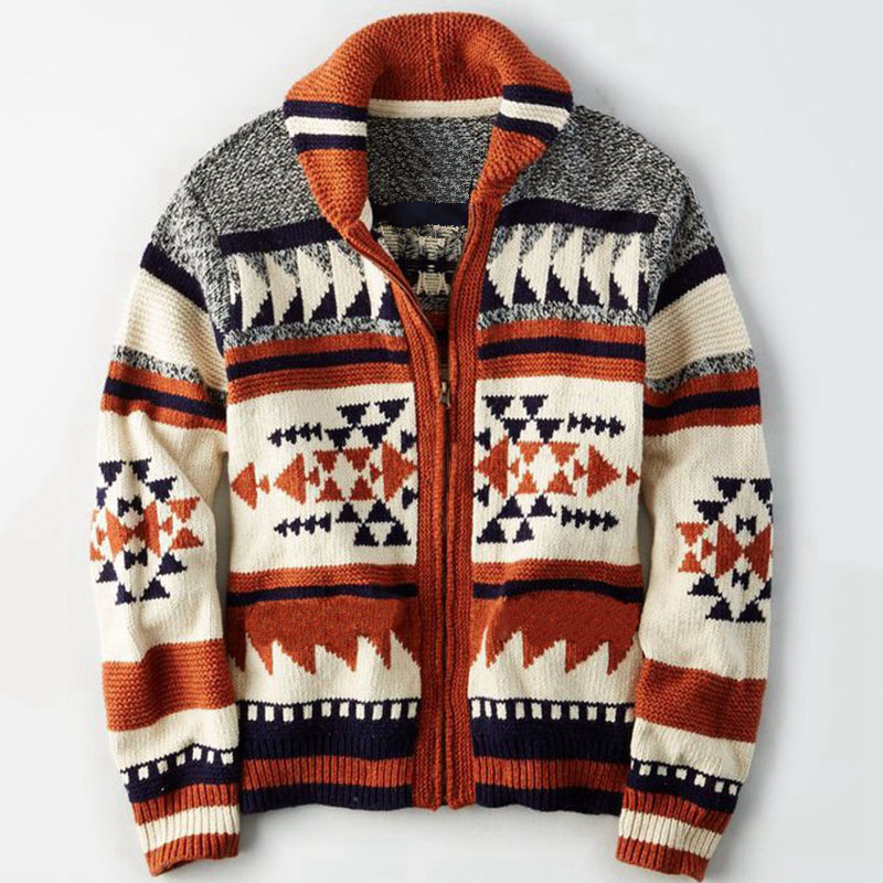 Western tribal style print knitted jacket ethnic lapel zip up cardigan Aztec jacquard stand collar zipper men sweater