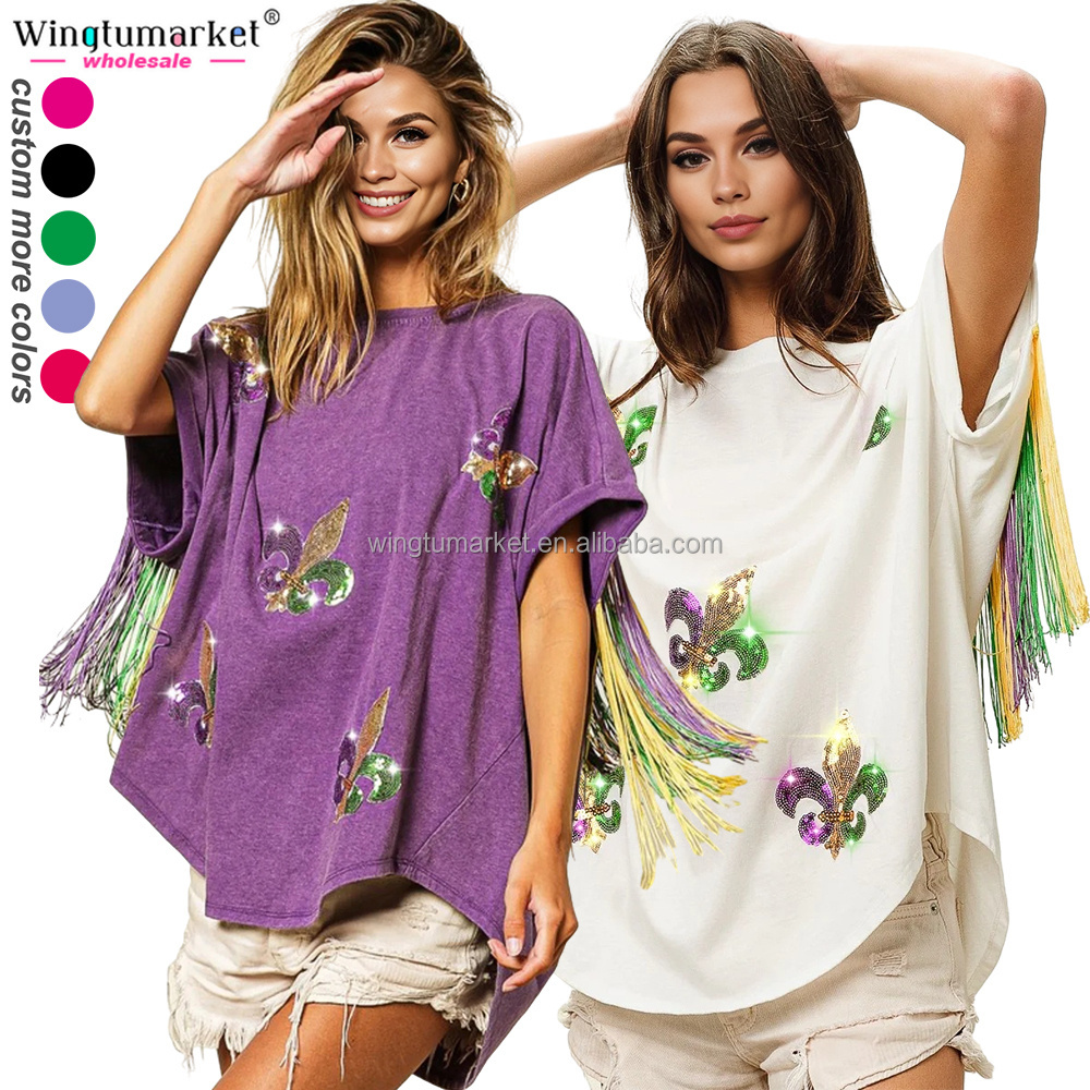 Wholesale mardi gras woman tops fleur de lis fringe sequin boxy oversized custom acid wash t shirt for women