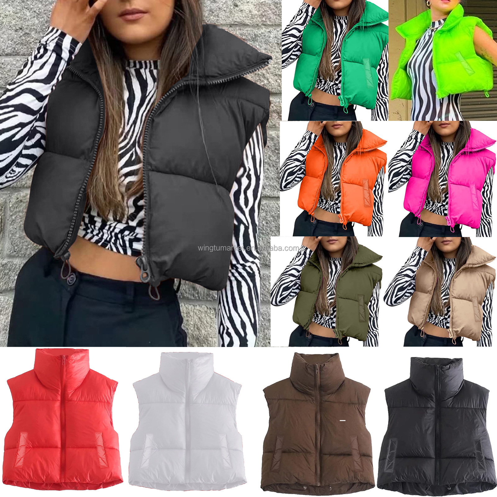 Wholesale winter puff jacket sleeveless coat ladies zipper cotton filled blue bubble cropped puffer vest women