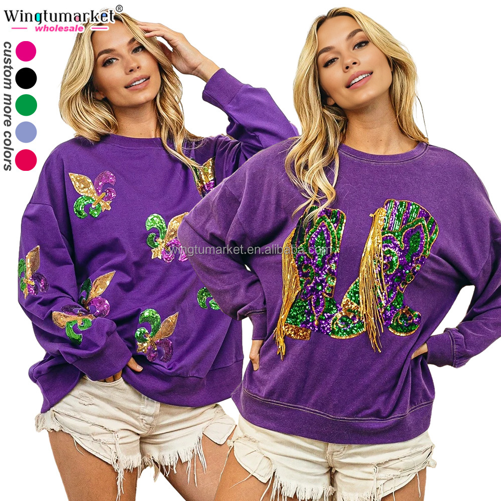 Mardi gras apparel sweatshirts fleur de lis pullover fringe boot chenille patches sequin oversized crewneck sweatshirt for women