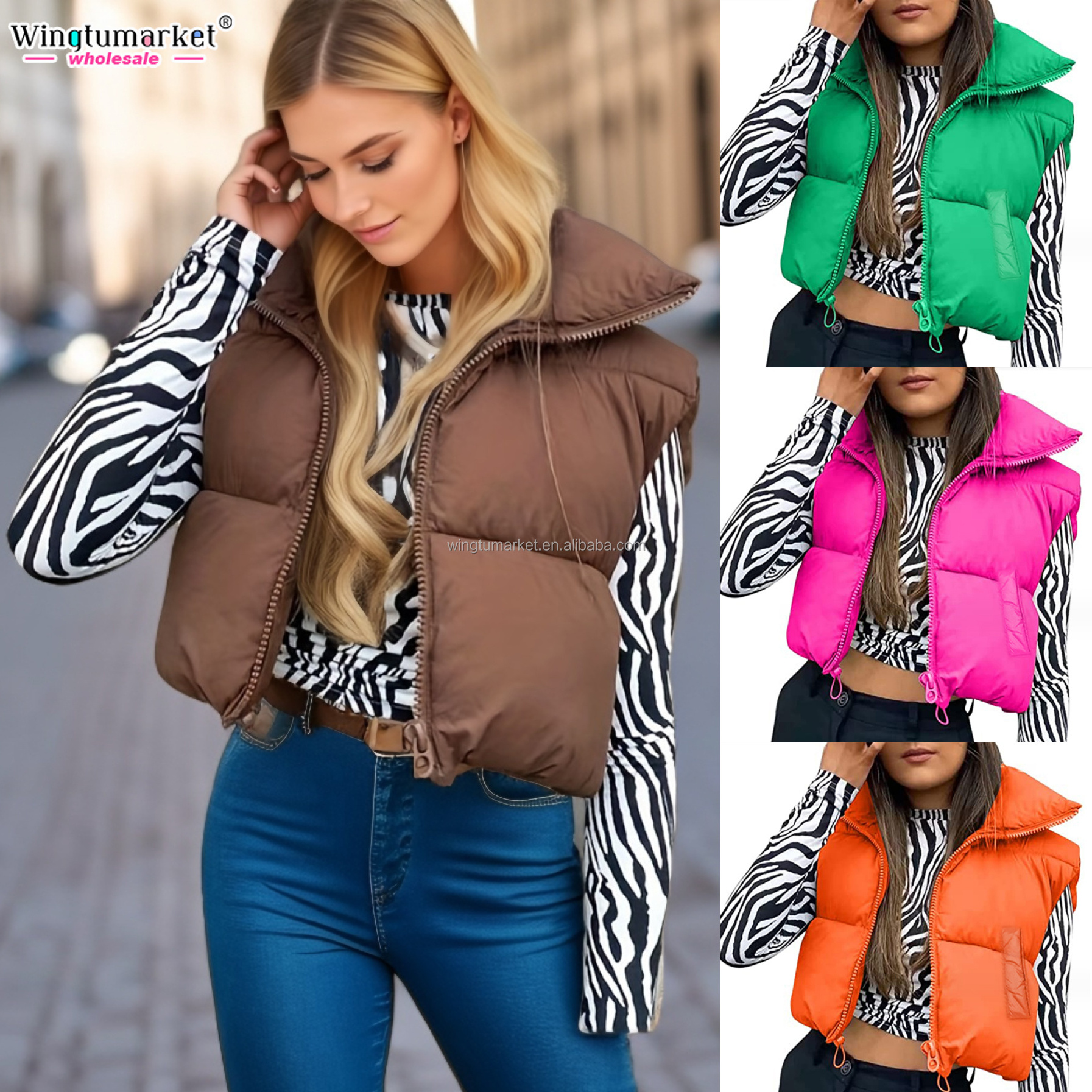 Wholesale winter puff jacket sleeveless coat ladies zipper cotton filled blue bubble cropped puffer vest women