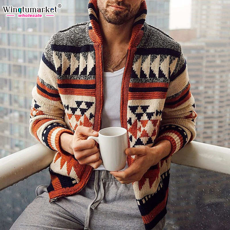 Western tribal style print knitted jacket ethnic lapel zip up cardigan Aztec jacquard stand collar zipper men sweater