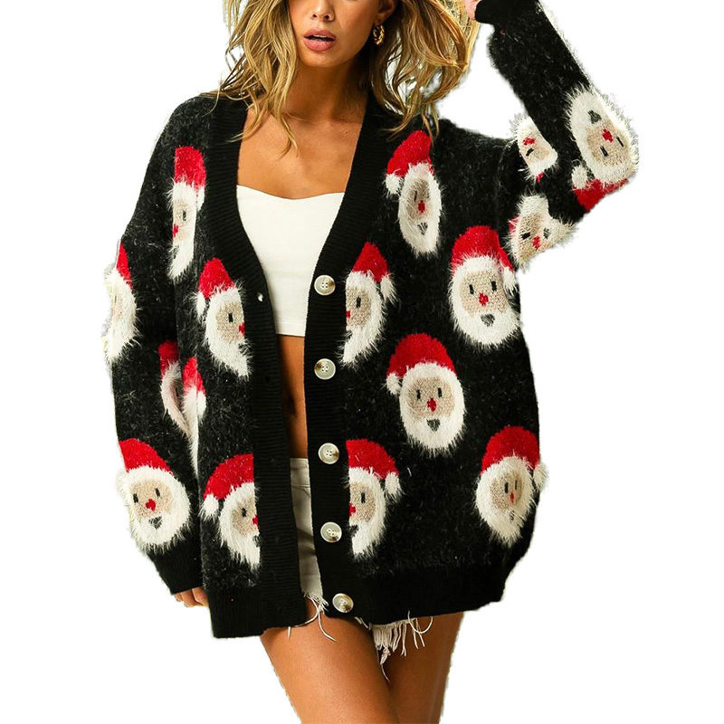 Winter christmas custom lounge wear long sleeve thermal fuzzy coat cotton acrylic cardigan embroidered knitted women sweaters