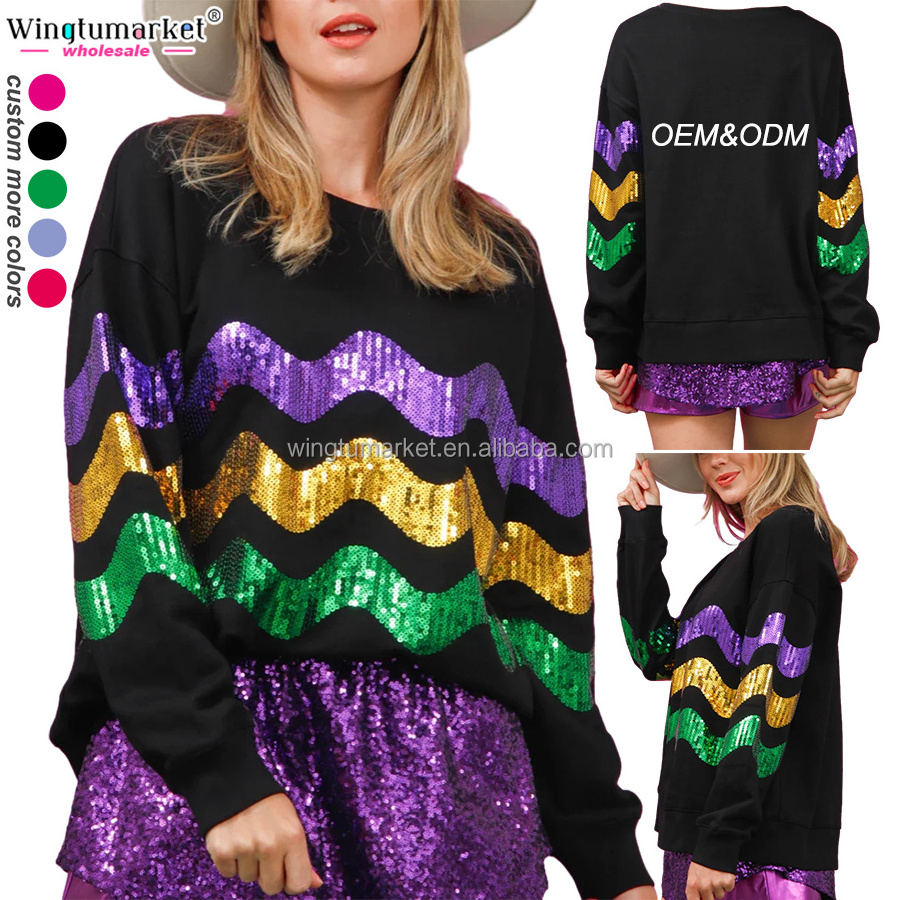 Mardi gras apparel sweatshirts fleur de lis pullover fringe boot chenille patches sequin oversized crewneck sweatshirt for women