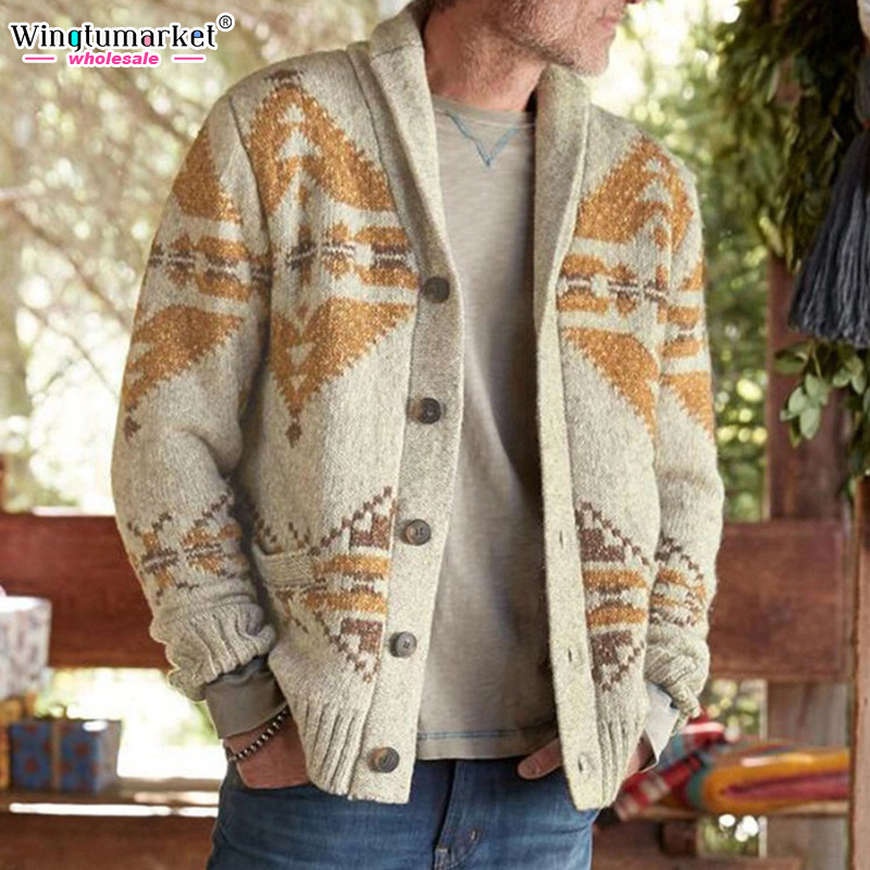 Wholesale winter sweaters cardigans single breasted aztec western knitted thick jacquard cardigan sweater for men