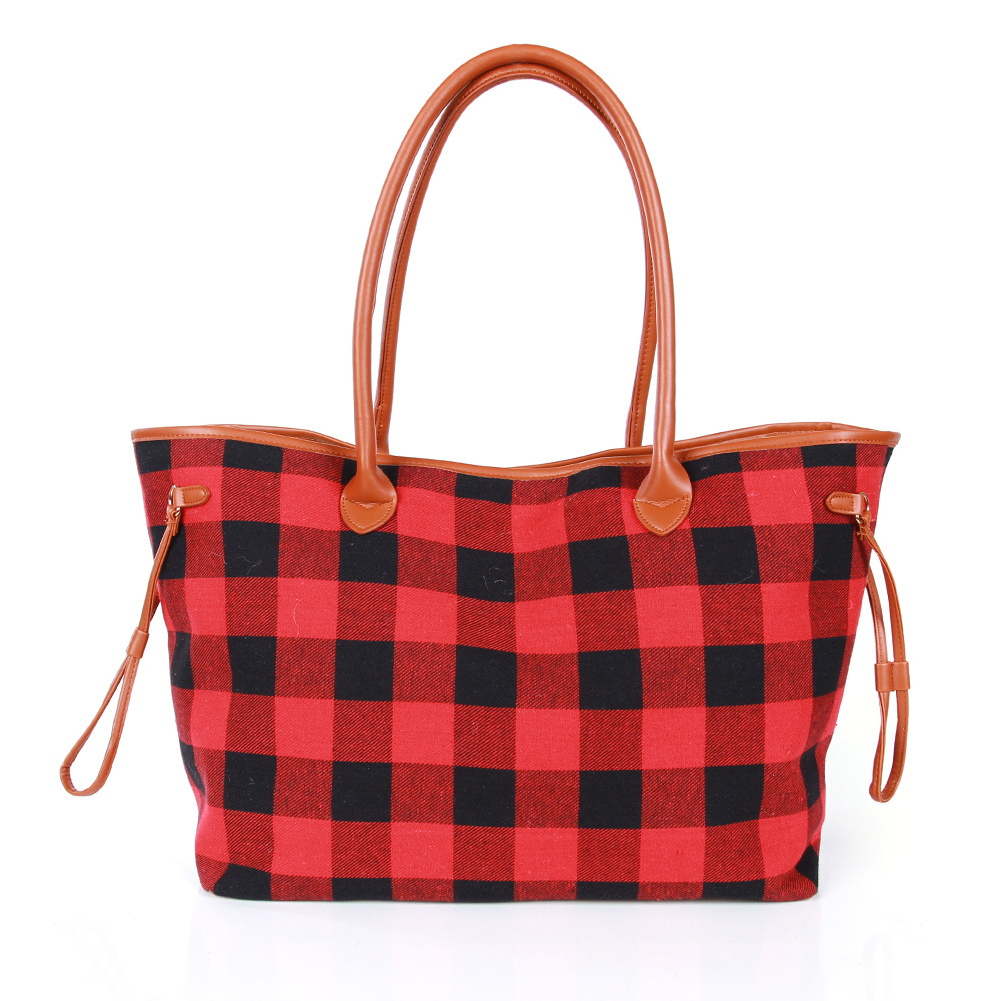 Wholesale travel handbag red black leopard weekender duffle bags getaway buffalo plaid checked canvas tote bag