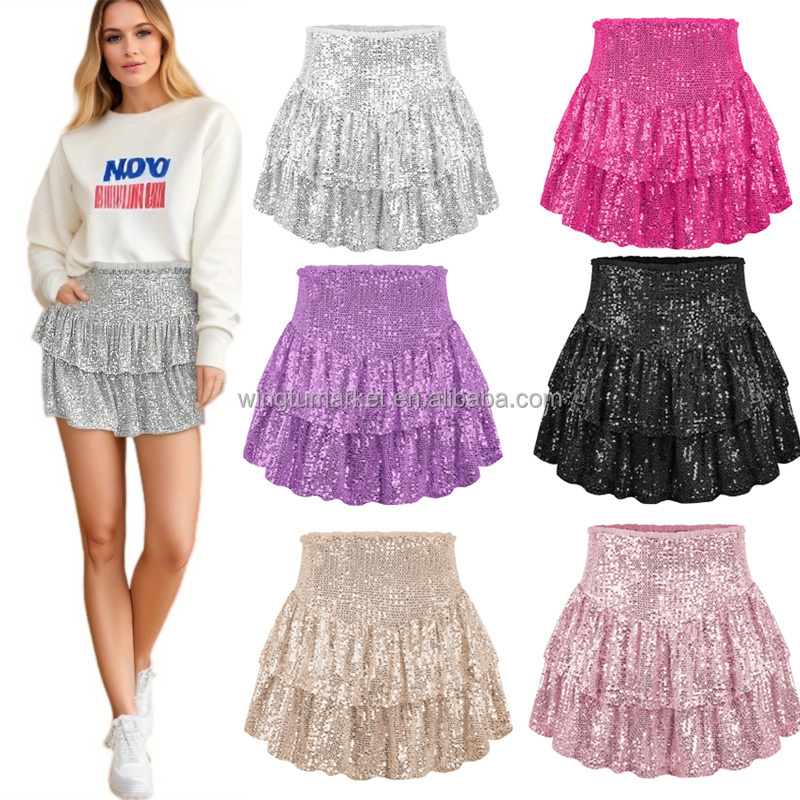 Wholesale summer mini skirt pleated short tennis stretchy smocked ruffle layers cricket skort sequin skirts for women