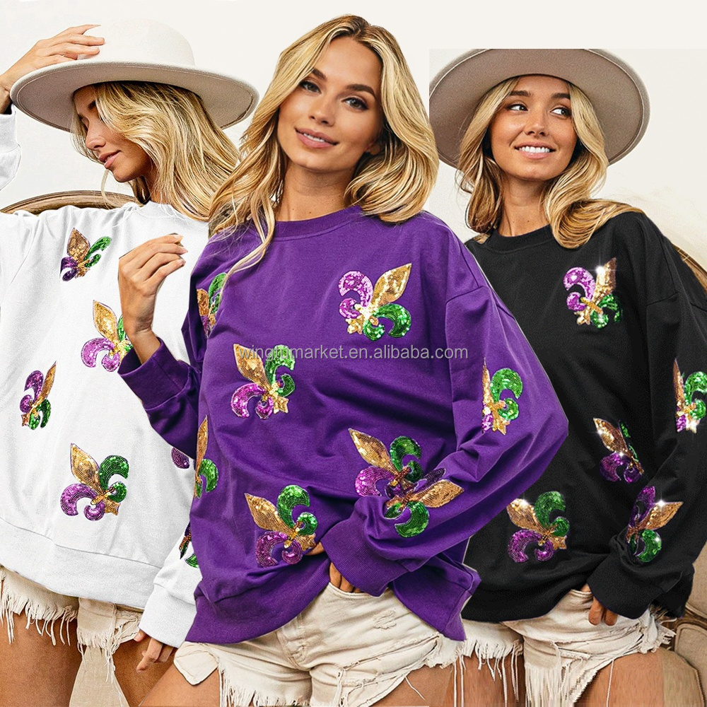 Mardi gras apparel sweatshirts fleur de lis pullover fringe boot chenille patches sequin oversized crewneck sweatshirt for women