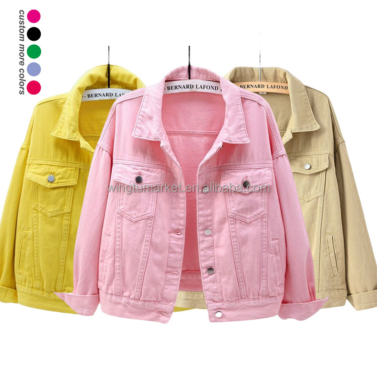 Custom logo short oversize acid wash yellow blue jean jackets women pink denim jacket