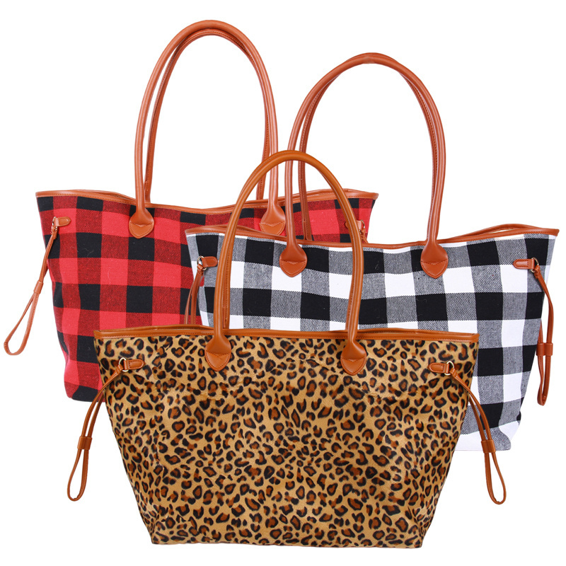 Wholesale travel handbag red black leopard weekender duffle bags getaway buffalo plaid checked canvas tote bag