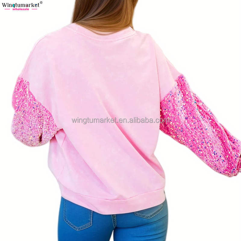 Custom sparkle crew neck sweatshirts adults kids pink sequin sleeve oversize crewneck sweatshirt for women