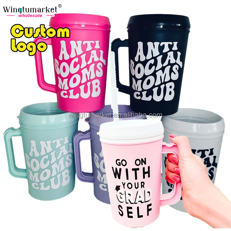 Custom logo big capacity insulated plastic straw tumblers trucker Style PP water cup double walled mega mug with handle lid