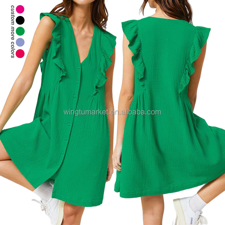 Custom colors casual sleeveless ruffled dress mini cotton crepe blank t shirt cotton tank top dresses