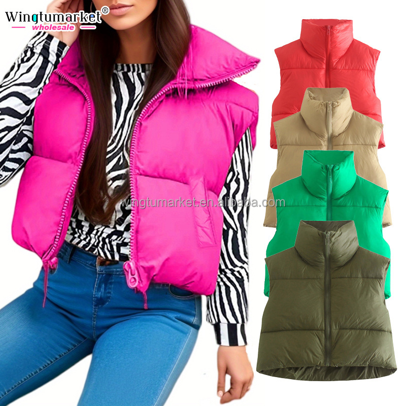 Wholesale winter puff jacket sleeveless coat ladies zipper cotton filled blue bubble cropped puffer vest women