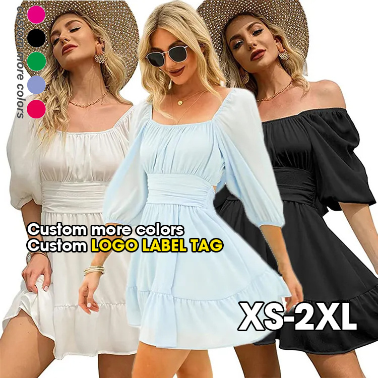 Wholesale ruffled casual dress lady elegant smocked bandage short balloon sleeve teen girls dresses for women