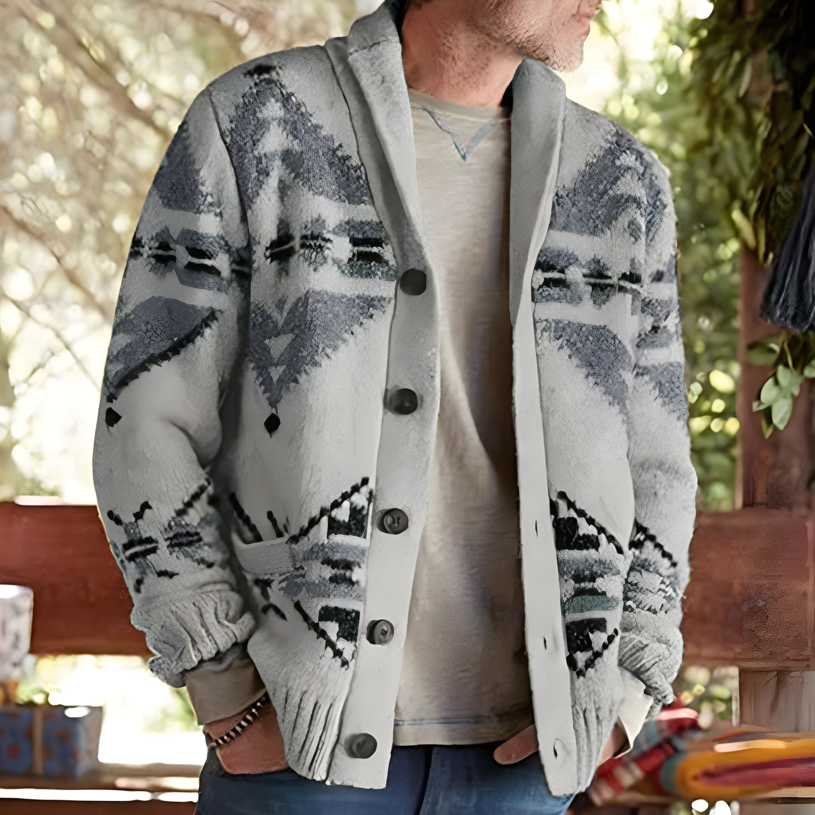 Wholesale winter sweaters cardigans single breasted aztec western knitted thick jacquard cardigan sweater for men