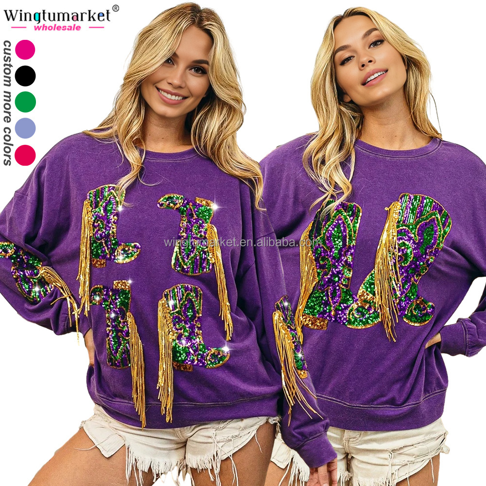 Mardi gras apparel sweatshirts fleur de lis pullover fringe boot chenille patches sequin oversized crewneck sweatshirt for women