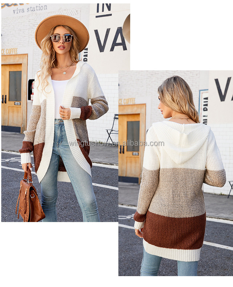 WingTu Wholesale Fall Winter Casual Patchwork Knit Long Women Cardigan Hooded Sweater With Side Pocket