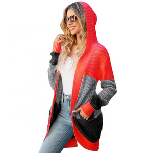 WingTu Wholesale Fall Winter Casual Patchwork Knit Long Women Cardigan Hooded Sweater With Side Pocket