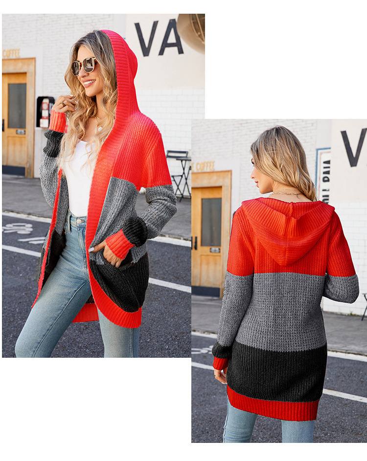 WingTu Wholesale Fall Winter Casual Patchwork Knit Long Women Cardigan Hooded Sweater With Side Pocket