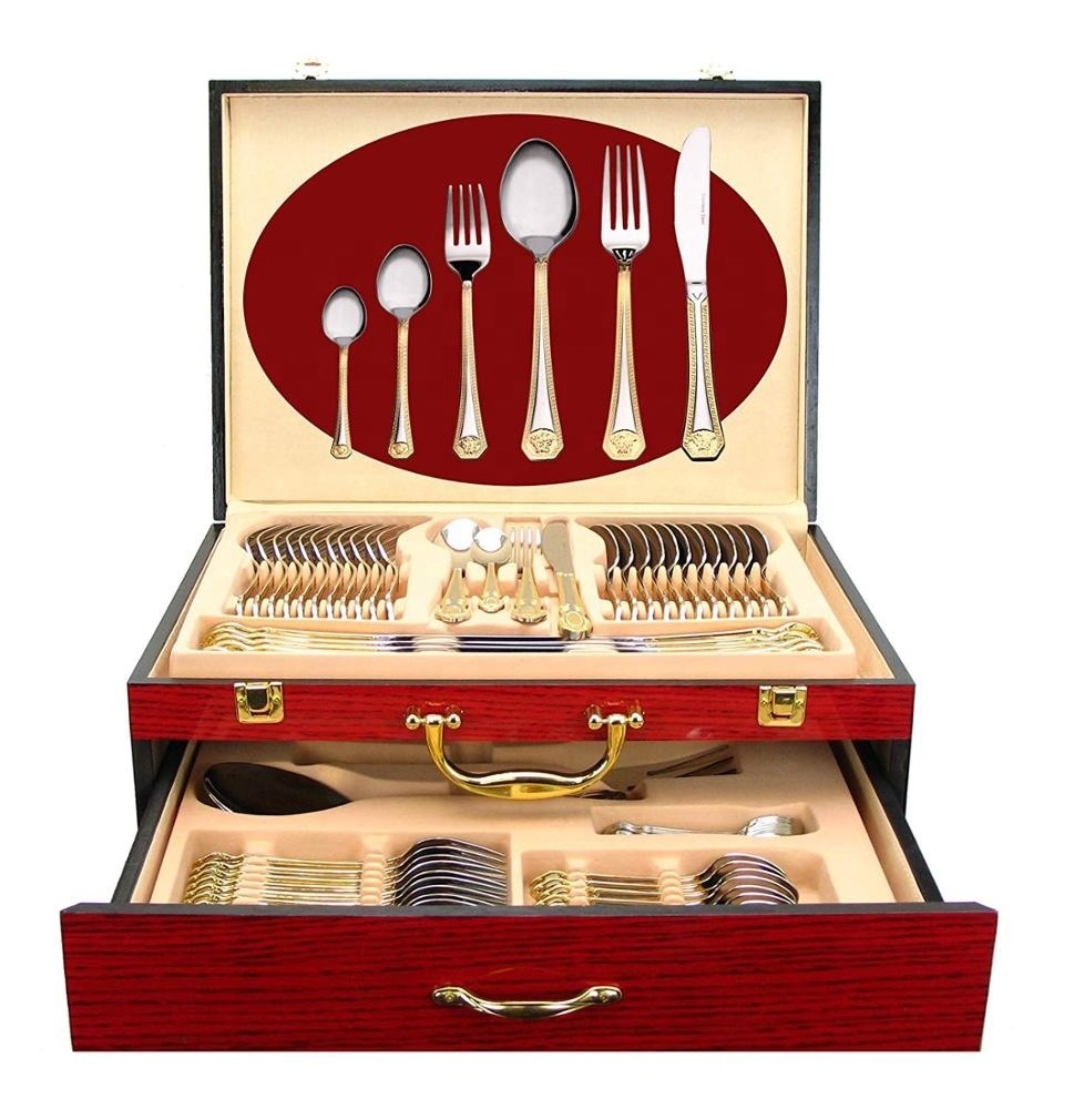 72 Pcs Gold flatware medusa cutlery italian brands hollow handle with Wooden Storage Case