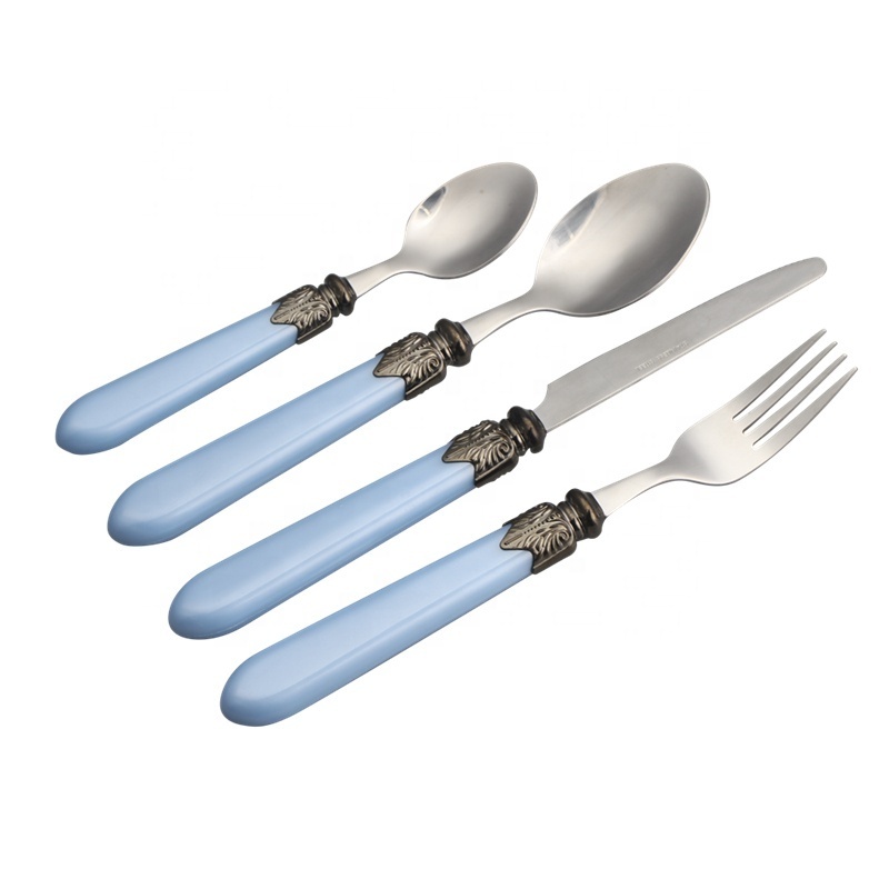 Vintage Retro Stainless Steel Dining Resin Handle Flatware, 12 Piece Royal White Pearl Acrylic Cutlery Silverware Set