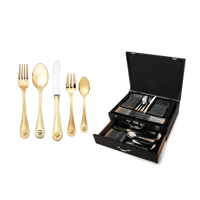 72 Pcs Gold flatware medusa cutlery italian brands hollow handle with Wooden Storage Case