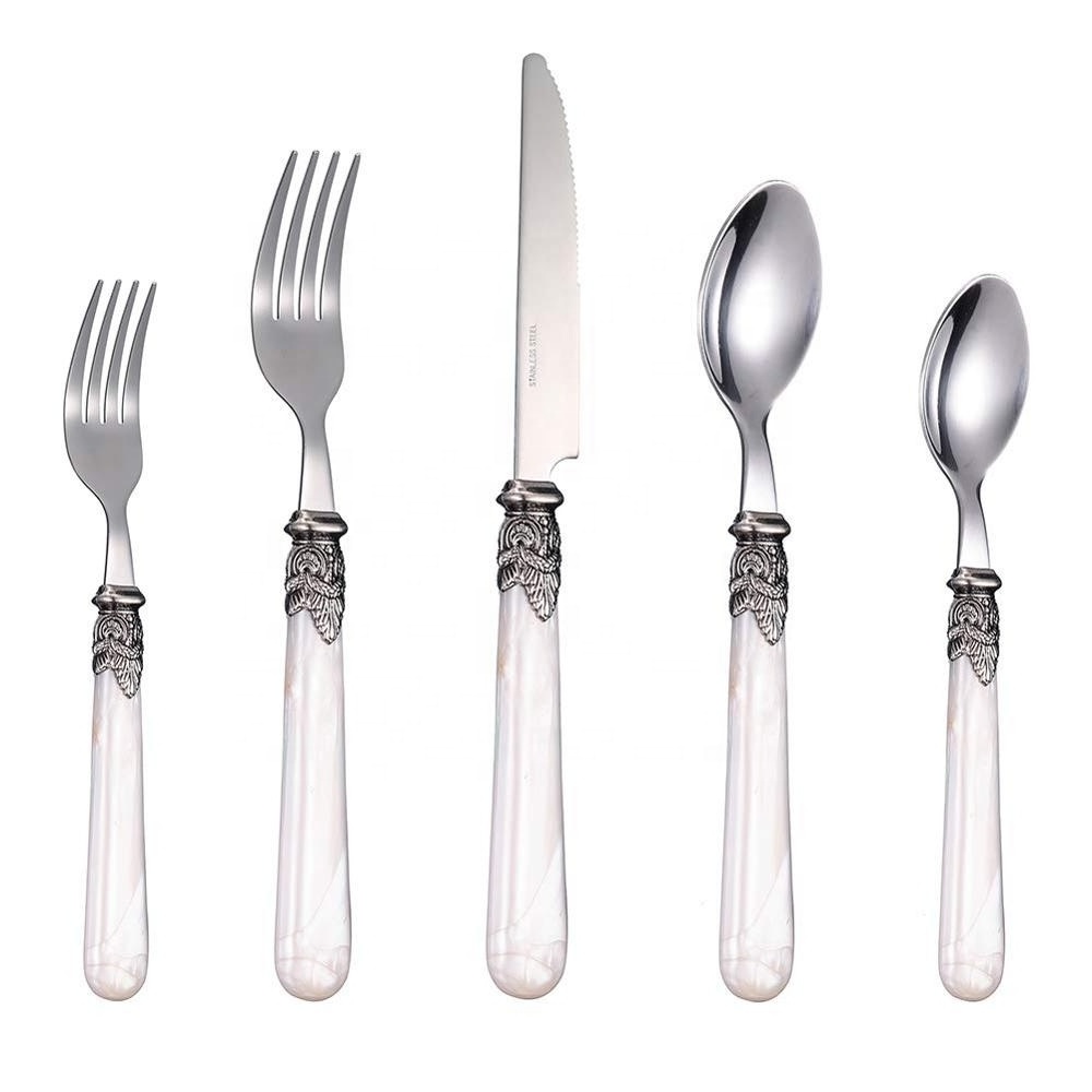 Vintage Retro Stainless Steel Dining Resin Handle Flatware, 12 Piece Royal White Pearl Acrylic Cutlery Silverware Set