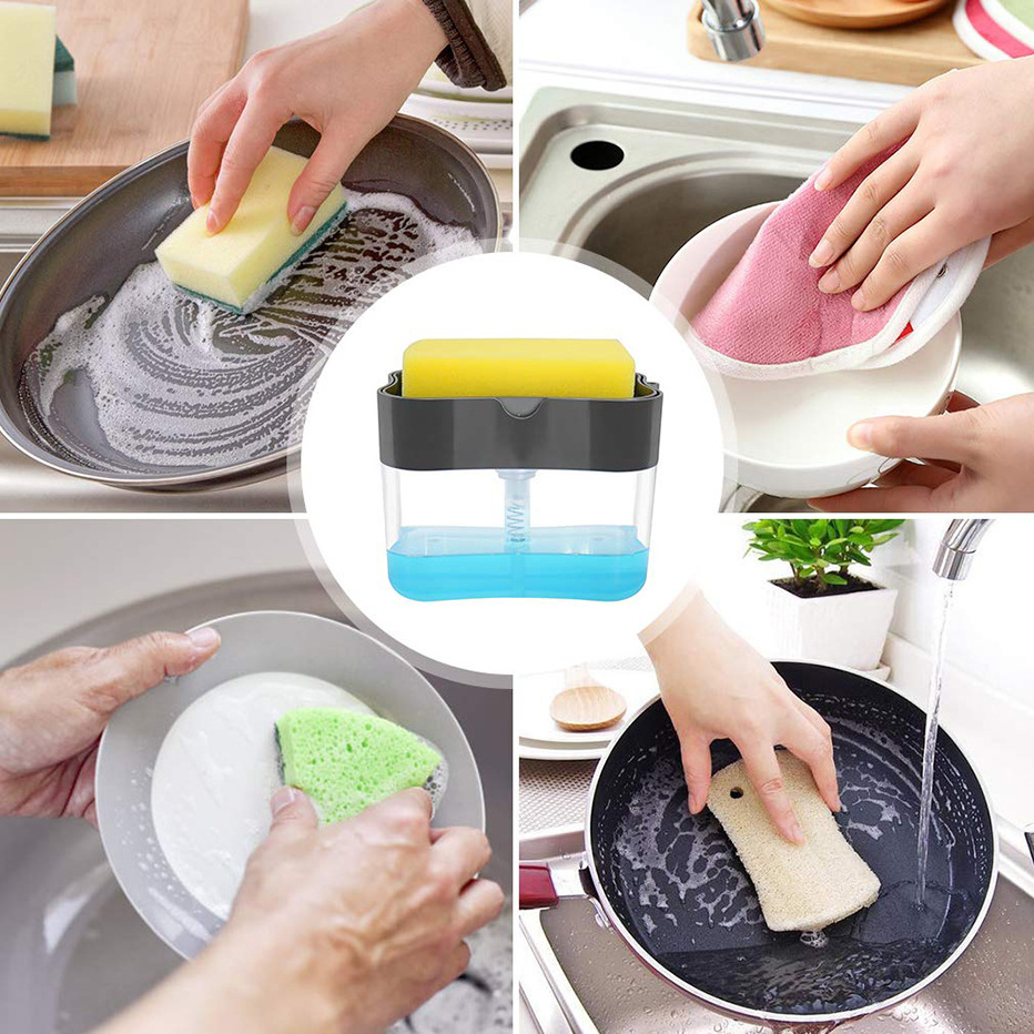 2 in 1 Creative Soap Dispenser with Sponge Double Layer Kitchen Plastic Soap Dispenser Automatic Sponge Box Scrubber Holder Case